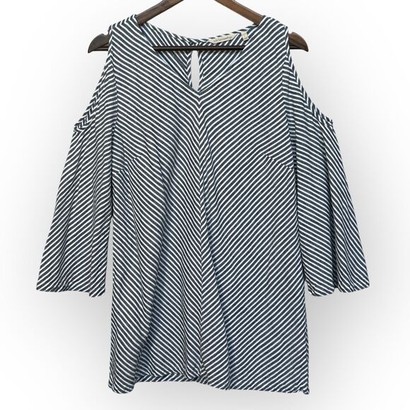 Soft Surroundings Landfall Cold‎ Shoulder Tunic Top Women L Gray Striped Linen - Picture 1 of 11